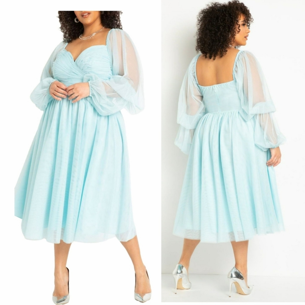 Eloquii Plus Size Puff Sleeve Tulle Romance Midi Dress Stratosphere Baby Blue 16